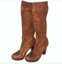 Frye Women Boots Size 9.5 Mimi Scrunch Cognac Leather Knee-High Pull Up Heel - £67.19 GBP