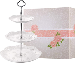 3-Tier Porcelain Cupcake Stand Serving Tray - White Embossed Elegant Des... - $36.42