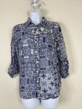 Joe Fresh Womens Size XS Sheer Blue Paisley Boho Button Up Shirt Roll Tab Sleeve - £5.66 GBP