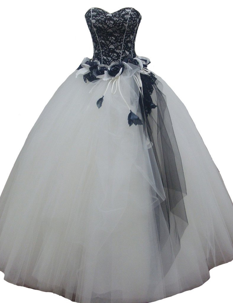 Kivary Long Gothic White and Black Lace Beaded Prom Gowns Wedding Dresses US 14