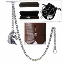 Albert Chain Silver Color Pocket Watch Chain for Men Horse Head Fob T Bar AC14 - £9.99 GBP+