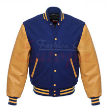 Varsity Royal Blue Letterman Men Wool Jacket with yellow Real Leather Sleeves - £66.05 GBP