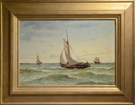 Sailboats and Sailing Ship in Seascape early 20th Century Oil Painting F... - £466.19 GBP