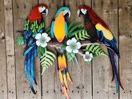 23.5&quot; W, Large Bright Colorful Hand-Painted Three Parrots - Wall Decor -... - £34.20 GBP