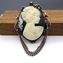 Vintage Black and White Cameo Brooch, Chatelaine Pin with 2 Dangling Chains - £37.03 GBP
