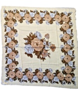 Vintage Italian Scarf Floral Rose Blue Tan Cream 45" Sq. Polyester Fringe Edge - $341.51 MXN