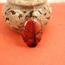 Orange veined agate black wire-wrapped Tree of Life pendant, Yggdrasil, World Tr - £37.56 GBP