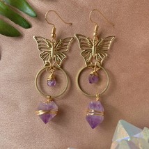 Raw Amethyst &amp; Golden Butterflies Dangle Earrings, Witchy Jewelry Boho Gift for  - £13.50 GBP