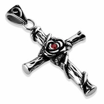 Large Rose Cross Necklace Stainless Steel Crucifix Pendant Religious Jewelry - $26.99