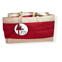 Burlap Style Large Tote Red Brown Foldable 18 Inch Christmas Holiday Tag - £21.83 GBP