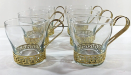 6 LIBBEY Gold Greek Key Continental  CLEAR GLASS COFFEE CUPS Mugs Vintag... - £20.16 GBP