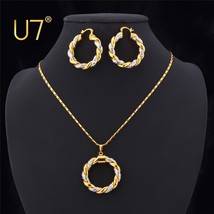U7 Dubai Jewelry Sets Gold Pendant Necklace & Big Round Twist Chunky Hoop Earrin - £19.74 GBP