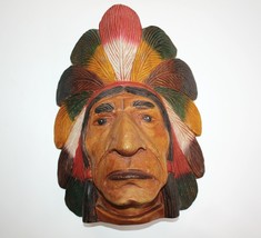 Native American Hand Carved Painted Wood Indian Head Chief Bust Sculpture Statue - £118.04 GBP