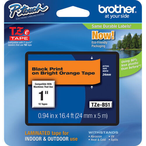 Brother TZeB51 24mm black on orange Ptouch tape PT7500 PT7600 PT9700PC PT9800PCN
