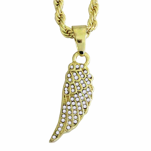 Iced CZ Angel Wing Piece Pendant 14k Gold Plated 24&quot; Rope Chain Hip Hop Necklace - £6.79 GBP