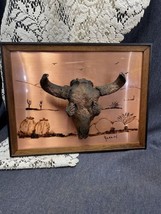 Vintage 3D Buffalo Skull Relief On Copper Framed 13&quot; x 10” signed Joanne - $48.51