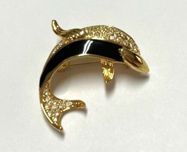 Vintage Dolphin Black Enamel Gold Tone Rhinestone Pin Brooch - £7.89 GBP