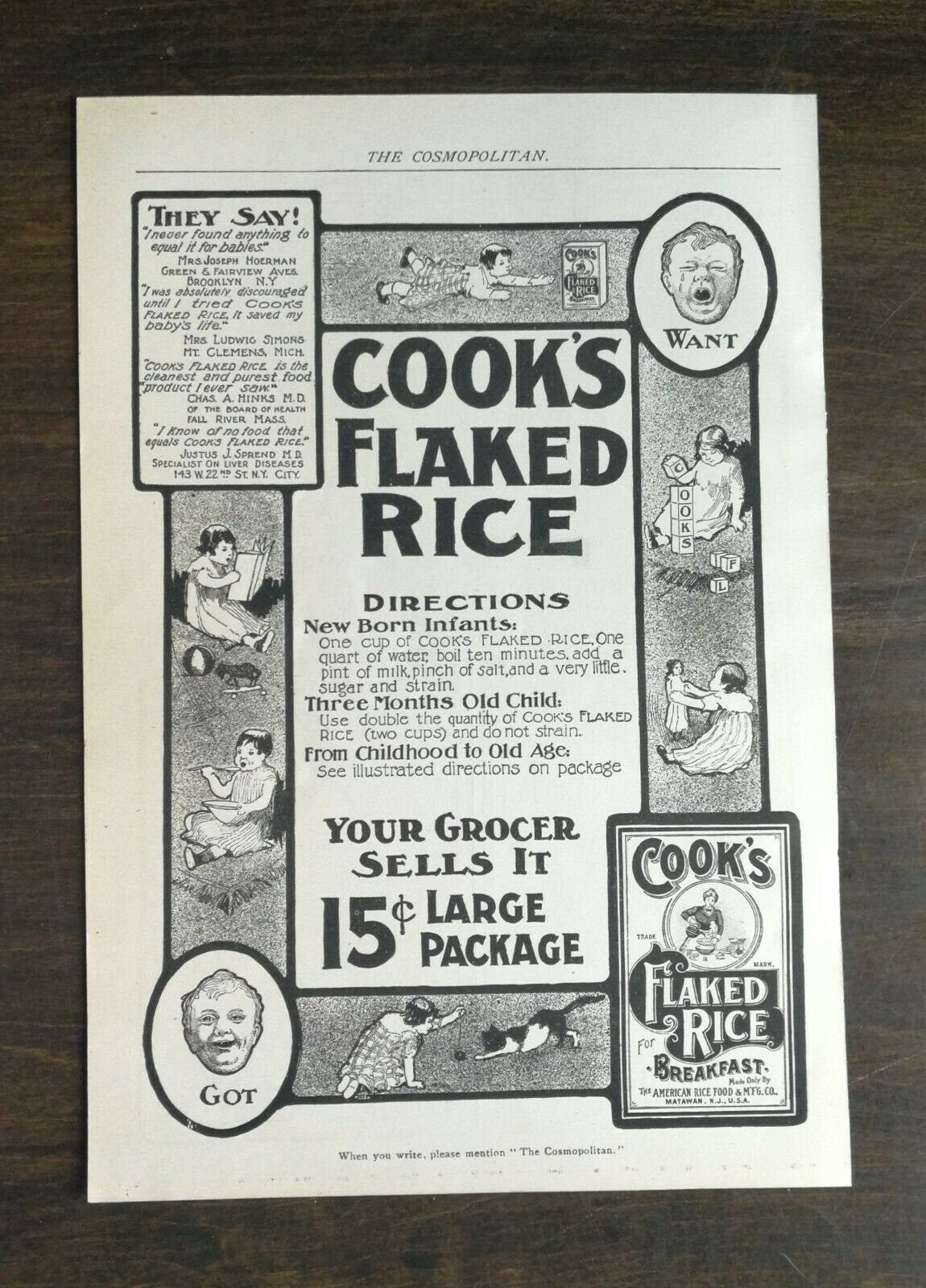Primary image for Vintage 1904 Cook's Flaked Rice Breakfast Full Page Original Ad 721