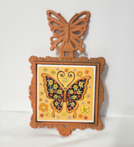 Vtg Orange Cast Iron Trivet Butterfly Flowers Tile Price Imports Japan 9.5×5.5&quot; - £22.41 GBP