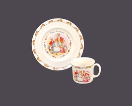 Royal Doulton Bunnykins New Arrival baby plate and mug set made in England. - $57.19