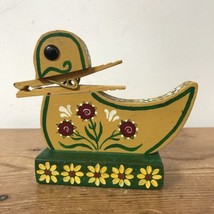 Vtg Swedish Style Yellow Painted Wooden Duck Clothes Pin Recipe Card Holder - £36.96 GBP