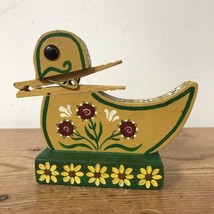 Vtg Swedish Style Yellow Painted Wooden Duck Clothes Pin Recipe Card Holder - £35.36 GBP