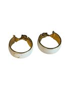 Monet Clip On Earrings Gold Tone White Enamel Hoop Signed Vintage 80s 90s - $21.60