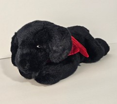 Russ Berrie Black Lab Dog Puppy Plush Stuffed Animal Ginger Toy Laying Flat Bow - £20.03 GBP