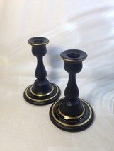 Tiffin BLACK SATIN w Gold Band 6 1/4&quot; Candlestick Pair Elegant Glass 192... - $49.45