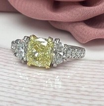 3 Stone GIA 2.48CT Cushion Fancy Yellow Diamond Ring 18k Gold - £7,499.78 GBP