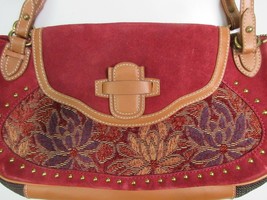 The Sak Pink Label Handbag Purse Leather Polyester Tapestry Cranberry Red Retro - £27.22 GBP