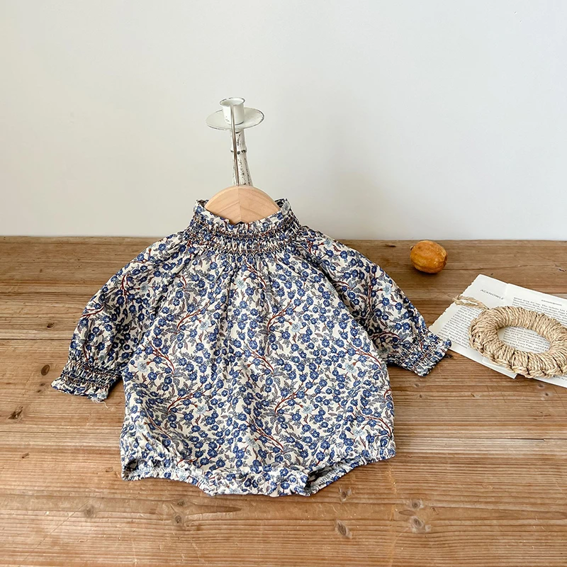 Autumn New Baby Romper neck Vintage  Long Sleeve Cotton Casual  Girl Romper Blue - £47.33 GBP