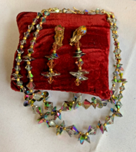Vtg Rainbow Beaded Fashion Jewelry Set Double Strand Necklace &amp; Clip-On Earrings - £23.70 GBP