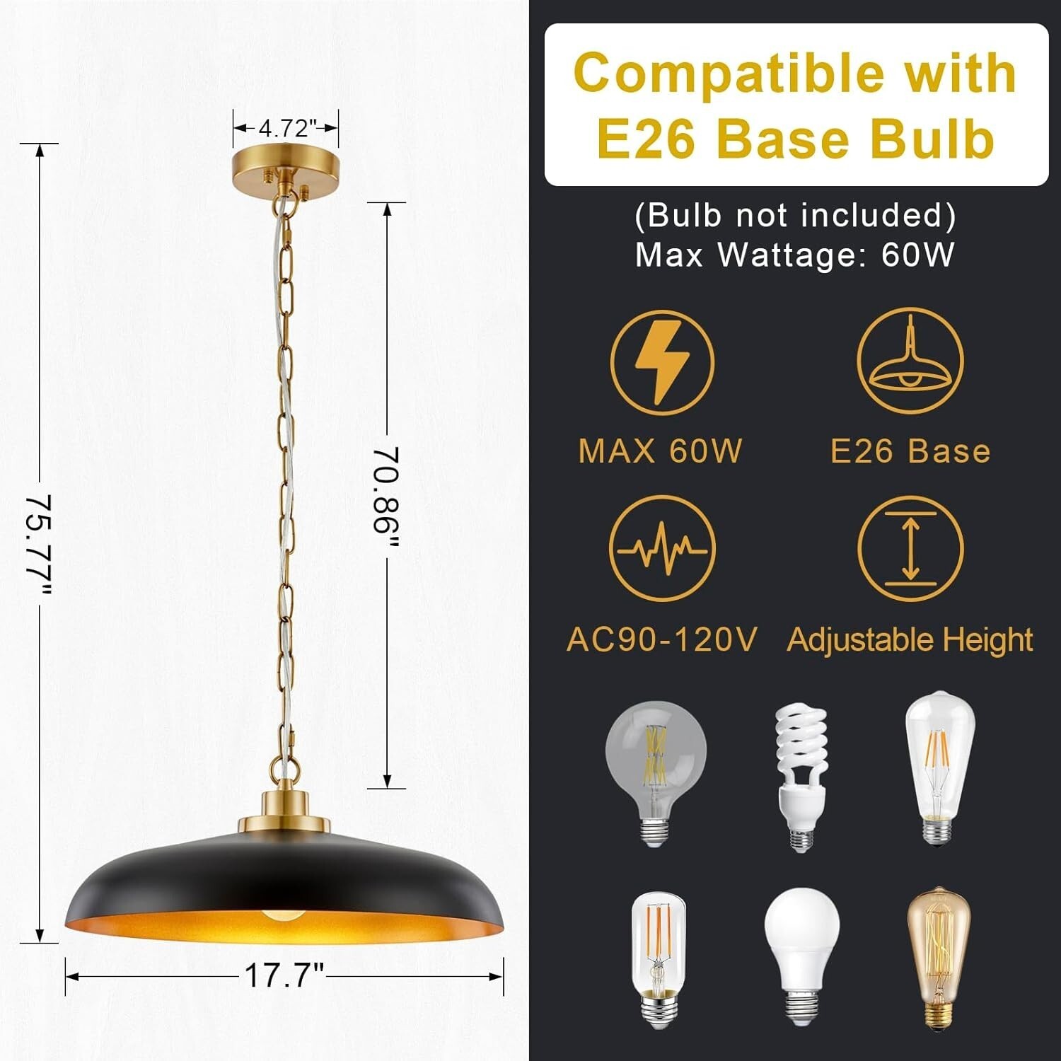 NZZDYI 2 Pieces Large Black and Gold Pendant Lighting 17.7inch Farmhouse Item image 6