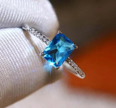 2Ct Emerald Simulated Blue Topaz Solitaire Engagement Ring 14k White Gold Plated - £39.55 GBP
