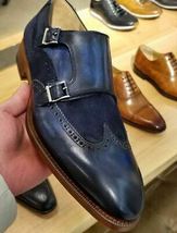 Handmade Monk Blue Wing Tip Premium Quality Buckle Strap Dress Men Leather Shoes - £109.84 GBP