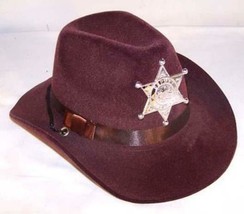 Kids Brown Velvet Sheriff Hat W Badge Cowboy Headwear Childrens Boys Hats Star - £6.82 GBP