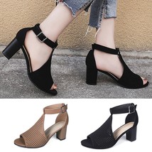 Women&#39;s Ladies Square Heel Fish Mouth Hollow Out Buckle Roman Shoes Sandals - £27.56 GBP