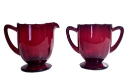 Vintage New Martinsville 34 Ruby Red Glass Cream &amp; Sugar Set ~ Scalloped, Optic - £19.45 GBP