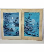 VINTAGE? Blue Japanese Seascape Landscape Boats Building Moon Painting S... - $89.78 CAD
