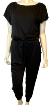 Black Knit Jumpsuit Round Neck Short Sleeve Drawstring Waist Front Pocke... - $18.99