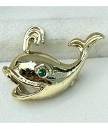 Gerry’s vintage whale brooch pin gold-tone with green rhinestone eye, si... - $14.99