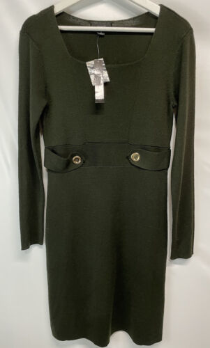 Primary image for Tahari Sweater Dress Wool Blend Rich Olive Green Long Sleeve Button Detail NEW S