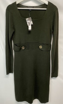 Tahari Sweater Dress Wool Blend Rich Olive Green Long Sleeve Button Detail NEW S - £71.19 GBP