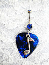 Deep Blue Guitar Pick &amp; Silver Alloy Music Note On 14g Cobalt Blue Cz Belly Ring - £4.78 GBP