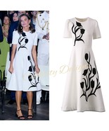 Spanish Queen Letizia Inspired Puffy Shoulder Tulip Motif Fit-&amp;-Flare Mi... - €120,12 EUR