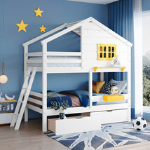 Twin over Twin Bunk Bed with Drawers, Storage Box, Shelf, Window and Roof-White - £574.77 GBP