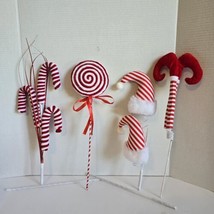 4- Extra Large Red White Picks Ornament Striped Candy Cane Hat Lollipop Elf Legs - £13.21 GBP