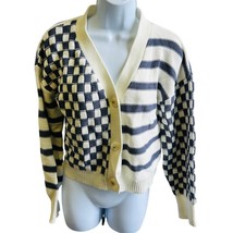 Moon &amp; Madison checker stripe knit cardigan sweater cream navy M cozy Y2K - $26.59