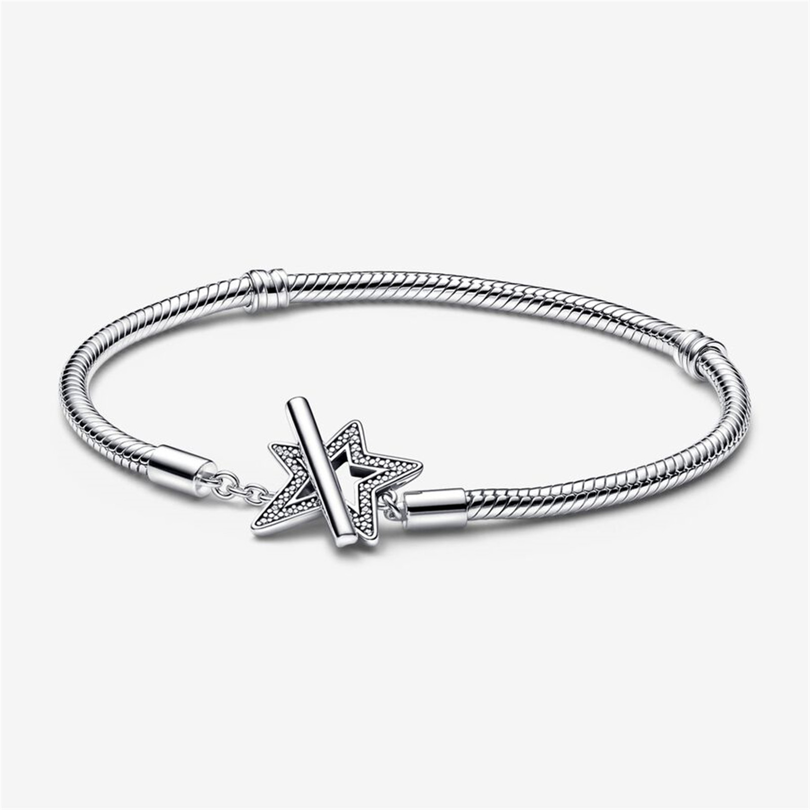 S925 Silver Moments Asymmetric Star T-bar Snake Chain Bracelet,Gift for Her